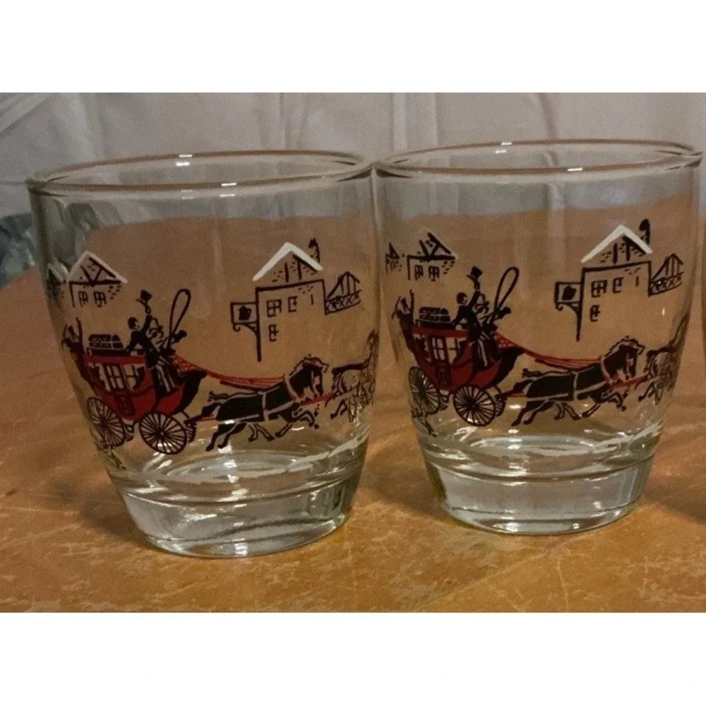 Vintage‎ 1950s Libbey Stagecoach & Horses Low Ball Glasses, Set Of 4, Gold Rim
